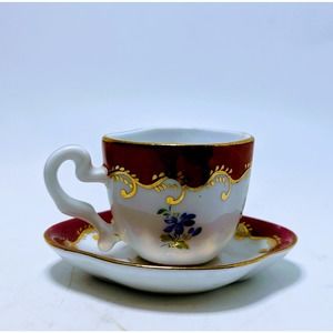 Vintage Past Times Miniature Teacup and Saucer Demitasse Porcelain Flowers Red